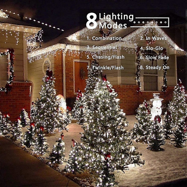 Lyslenke til jul innendørs og utendørs, 20M 200 LED Kaldhvit Elektrisk Lyslenke 8 Moduser Vanntett LED-lys for Juledekorasjon Fest Bryllup