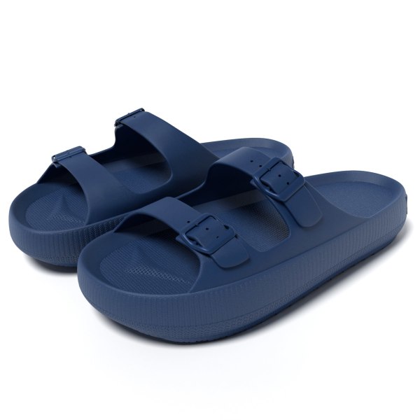 Dame tykk såle dobbel spenne sandaler basseng treningsstudio dusj Hurtigtørkende åpen tå tøfler innendørs sko Blue 34-35
