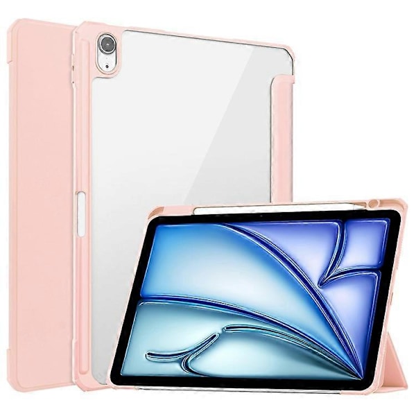 Kompatibelt Skal för iPad Air 11 (2024) Transparent Fodral PU Läder Auto Wake Sleep Skyddande Fodral med Pennhållare Pink
