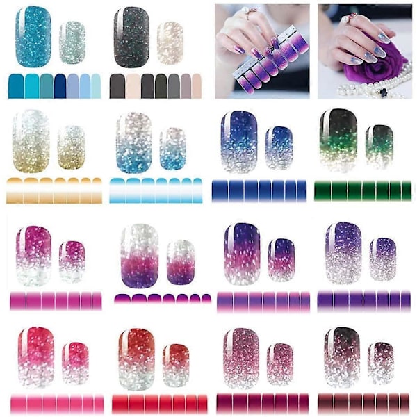 14 Arkkia Kynsitarroja Glitter Gradientti Väri Kiiltävät Kokonaiset Kääreet Kynsilakka Tarrat Decal Nauhat Itseliimautuvat Kynsitaidesetit