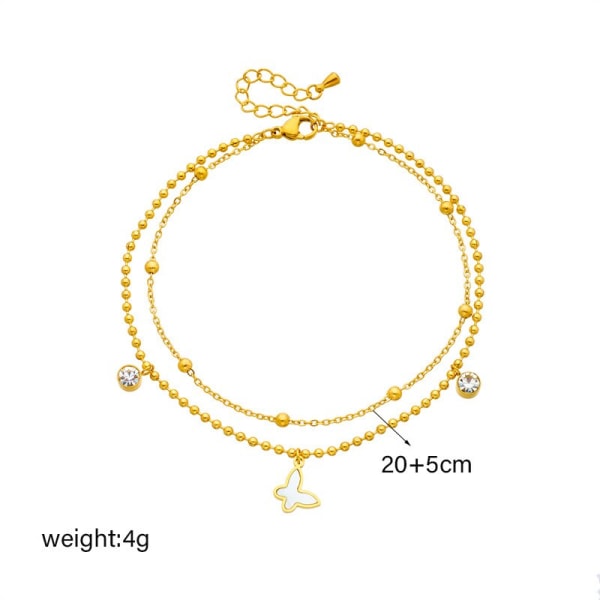 Rustfrit stål dobbelt lag sommerfugl zircon ankelkæde til kvinder Light Yellow Gold Color