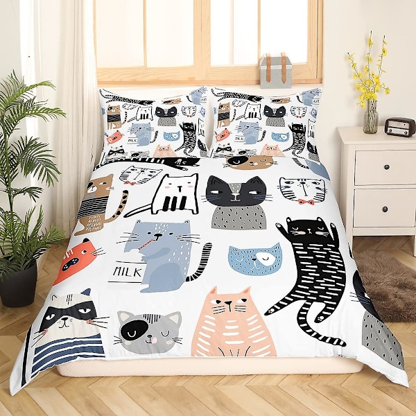 Sött Påslakanset för Barn med Katt Kung och Drottning, Tecknad Kitty Sängkläder Djur Leksak Täcke Örngott Flickig Rosa Polyester Quilt Överdrag