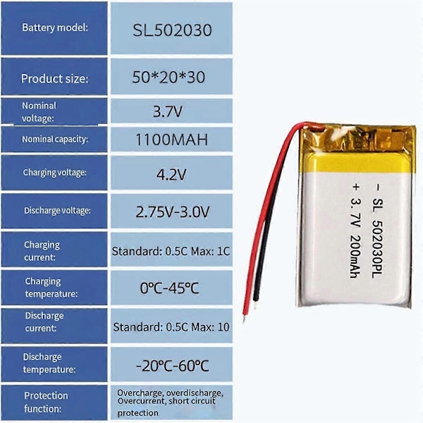 200mAh Lipo Polymer Oppladbart Batteri 502030 for Bluetooth Headset, Sangmaskiner, Bilopptaker