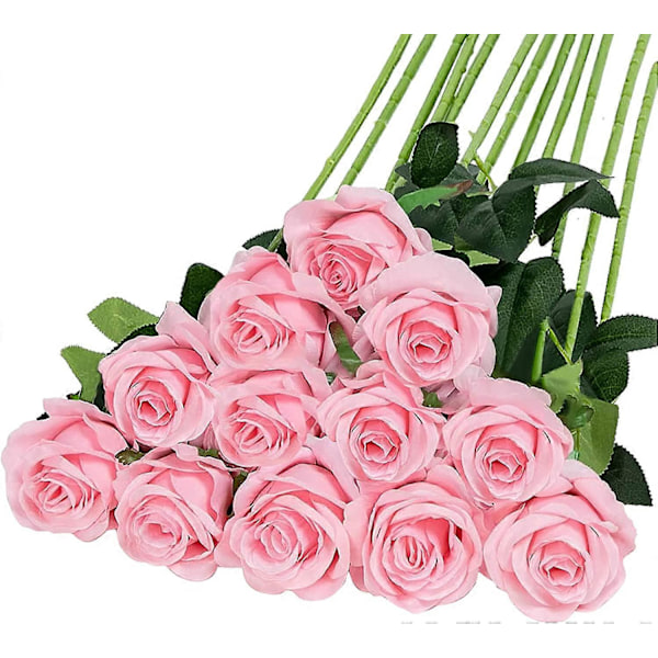12 stk. Kunstige silkeblomster Realistisk rosenbuket Lang stilk til hjemmebryllupsdekoration (12 stk.-Pink)
