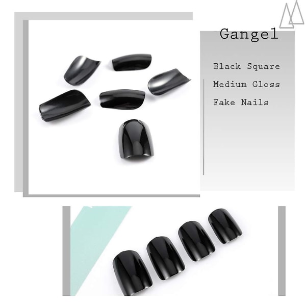 Sorte Press On Kunstige Negle Firkantede Fake Negle Medium Glossy Akryl Fuld Dækning Kunstige Negle