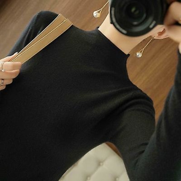 Poolokaulus Naisten Neule Lämmin Syksy Talvi Yhtenäinen Korealainen Joustava Slim Lady Neulepuserot Cashmere-neulepusero Naisten Perusneule Black XL