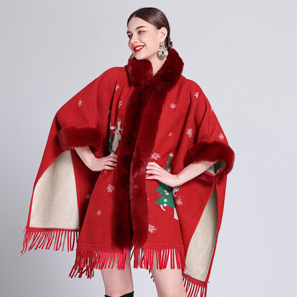 Höst- och vintertrendig cape sjal plus sammet förtjockad pälskrage rutig huva tofs stickad sjal cape Christmas tree plus velvet 80-100cm