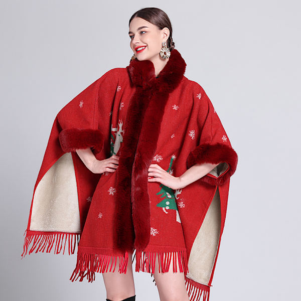 Höst- och vintertrendig cape sjal plus sammet förtjockad pälskrage rutig huva tofs stickad sjal cape Vertical red plus velvet 80-100cm