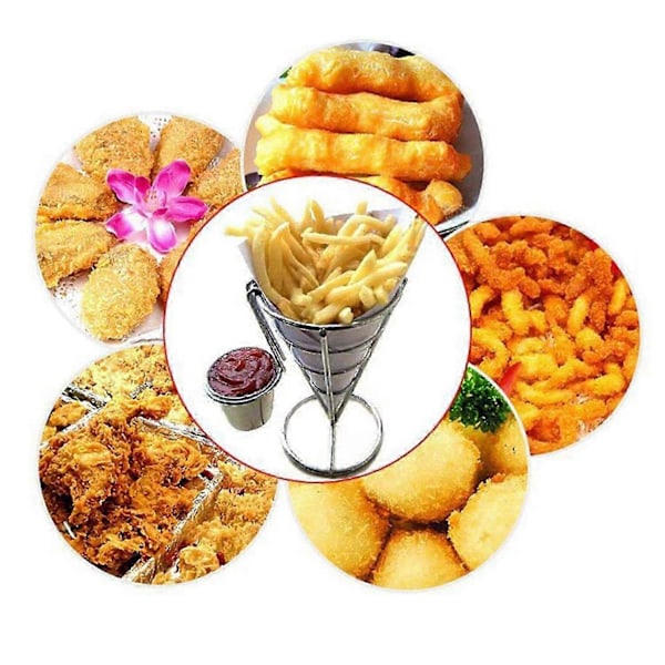 2 stk. Pommes Frites Stativ Kegle Kurv Fritureholder med Sauce Dyppere Metal Stegt Kylling Display Stativ Trådstativ