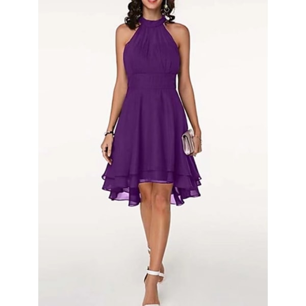 Damekjoler Elegant Halter Neck Ermeløs kort midi-kjole Purple XL