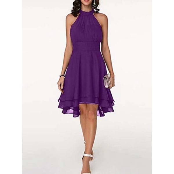 Kvinders kjoler Elegant Halter Neck Ærmeløs kort midi-kjole Purple S