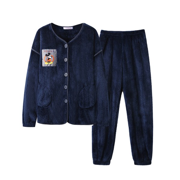 Marinblå sammetspyjamas för kvinnor långärmad plus sammet tecknad korall sammetspyjamas Navy blue L