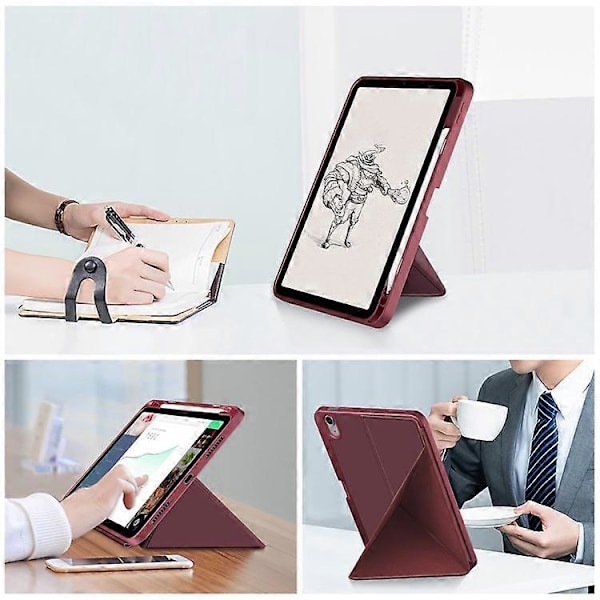 Kompatibel med iPad 10.9 (2022) / iPad 10. generation Origami Stand PU Læder Tablet Case Auto Vågn/Sov Pen Slot Beskyttelsescover WineRed