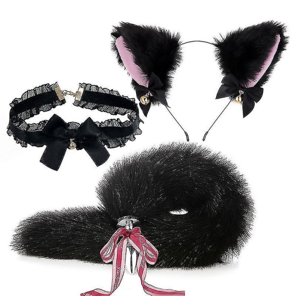 3stk Cosplay Rekvisitter Fox Tail Cat Ears Pannebånd Cosplay Par Tilbehør Black