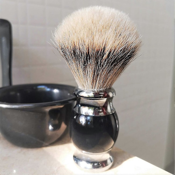 100% Silvertip Grevlinghår Barberkost, Håndlaget Barberkost med Fint Resin Håndtak og Rustfritt Stål Base (Svart)