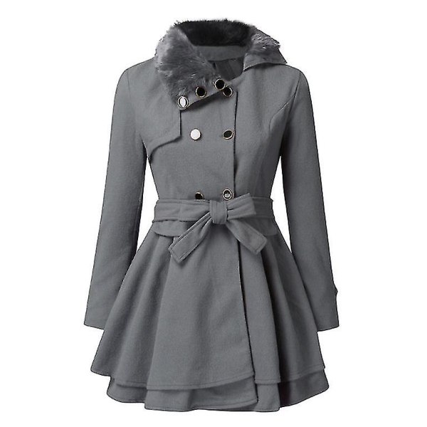 Dam Faux Fur Slag Dubbelknäppt Ullkappa Jacka Grey M