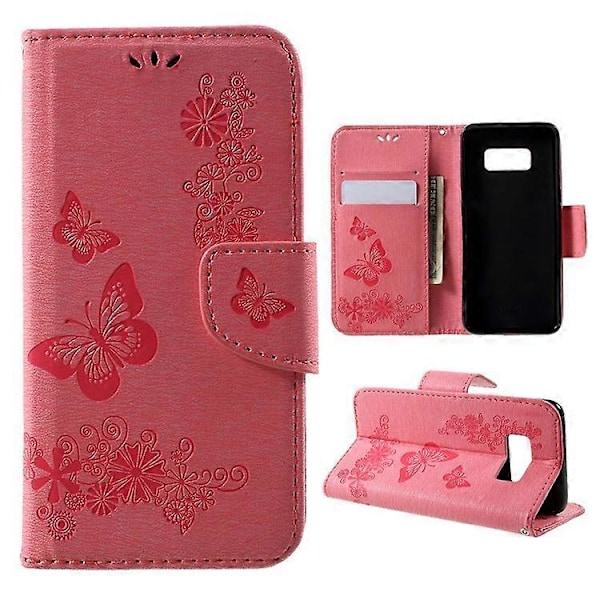Sommerfugleblomster Præget PU Læder Wallet Case Stand Kompatibel Med Samsung Galaxy S8 Pink