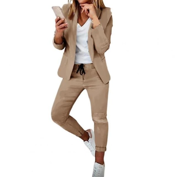 Blazer-housut Kaksiosainen muodollinen työpuku syksyinen talvi avoommel nilkkasidottu bleiseri joustava vyötäröhousut työhön Khaki XL