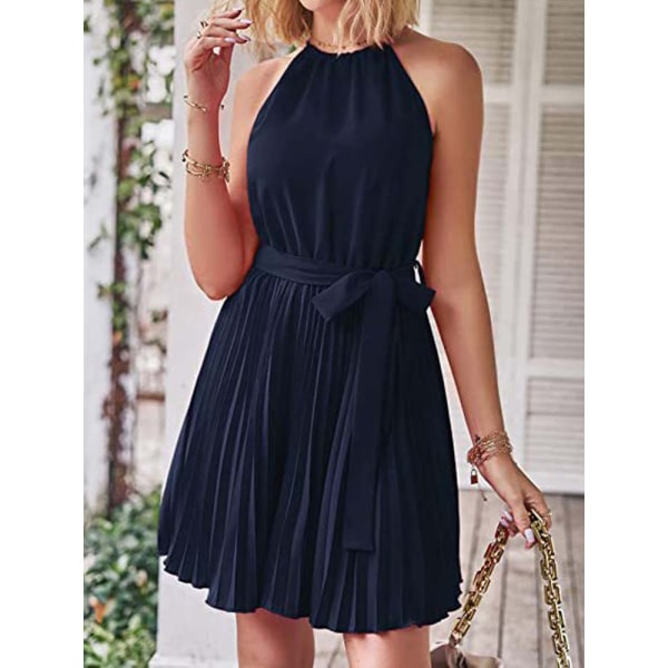 Sommer kort plisseret kjole kvinders ærmeløs halter neck kjole Navy Blue XL