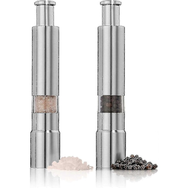 Salt- og pepperkvernsett med 2, trykknappkvern i rustfritt stål, for sort pepper, krydder og salt