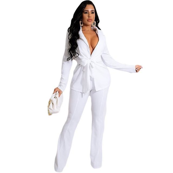 Suit Dame Jakkesæt 2 Dele Sæt Dame Buksesæt Kontortøj Kvinde Business Casual Kvindelige Outfits To Dele Sæt white M