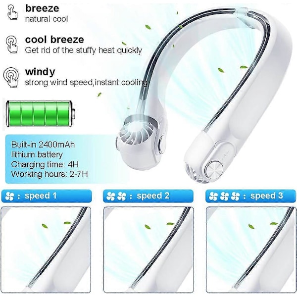 (Grøn) 360 Air Neck Fan, Bærbar Halsventilator, Mini Halsventilator, Støjsvag Bladløs Ventilator, Genopladelig Håndfri Ventilator 2400mAh USB Batterier 3 Hastigheder Rotation