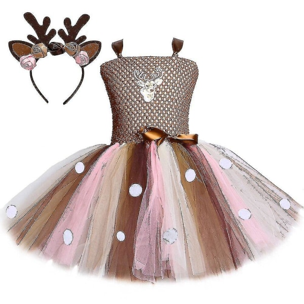 Snabb Leverans Ren Tutu Klänning För Flickor Halloween Juldräkt Barn Djur Älg Ren Födelsedagsfest Klänning Med Hårband 1-12 år Dress and hairband1 5t