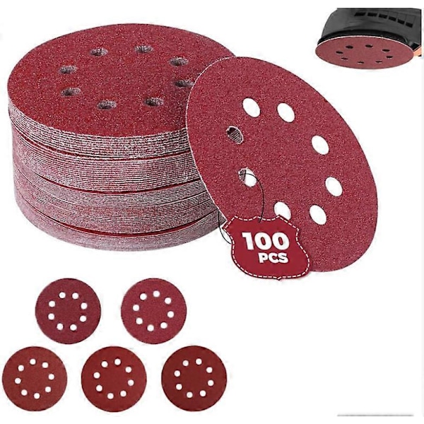 100 stk. sandpapir til tilfældig excentersliber, Ø 125 mm slibeskiver 60/80/100/120/240 korn (20 skiver pr. kornstørrelse)