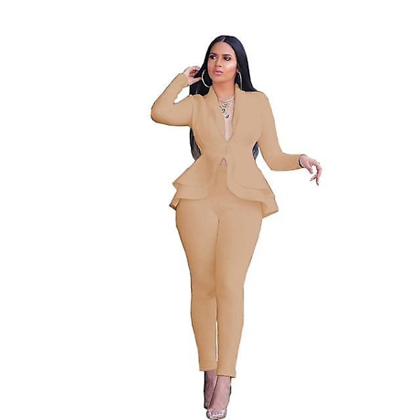 Dam Set Träningsdräkt Långärmad Volang Kavajer Byxor Kostym Tvådelat Set Kontorsdam Affärskläder Uniform Khaki XL
