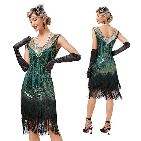 Vintage 1920-tals V-ringad Dubbellagers Klänning med Tofsar Cocktail Bal Paljettprydd Klänning Damkläder Vestido Mode Sommarklänning Y2k Light Green M
