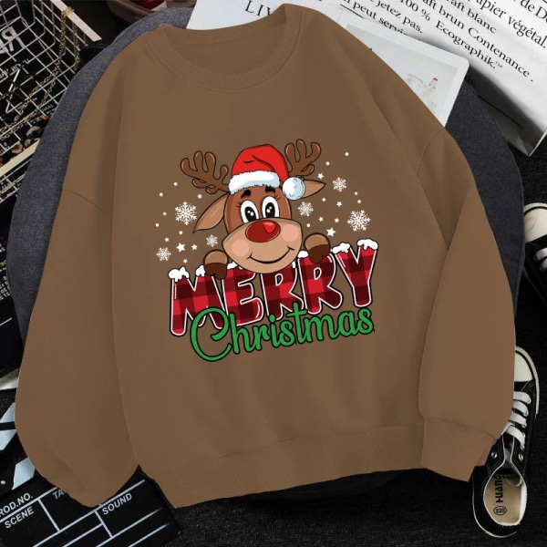 (Premium collegepaita)Söpö Merry Christmas Print Naisten Syksy Talvi Ihana Fleece Pitkähihainen Miesten Casual Pyöreä Pääntie Brown M