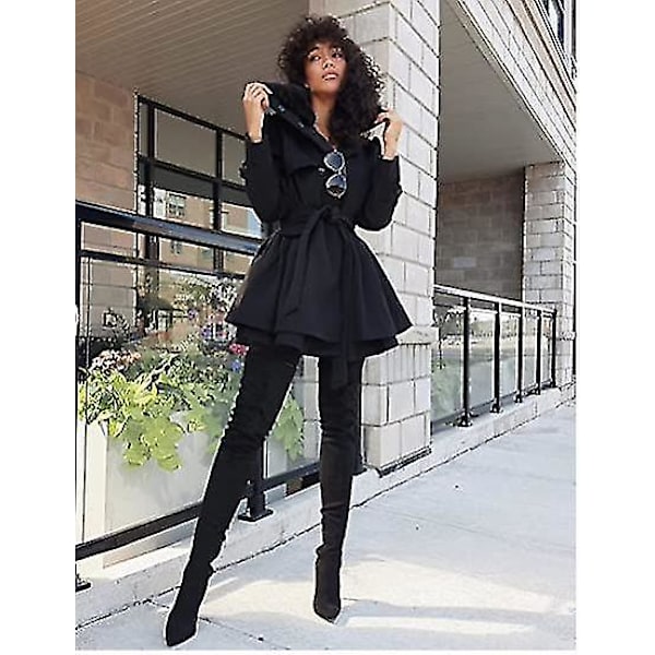 Dam Faux Fur Slag Dubbelknäppt Ullkappa Jacka Black M