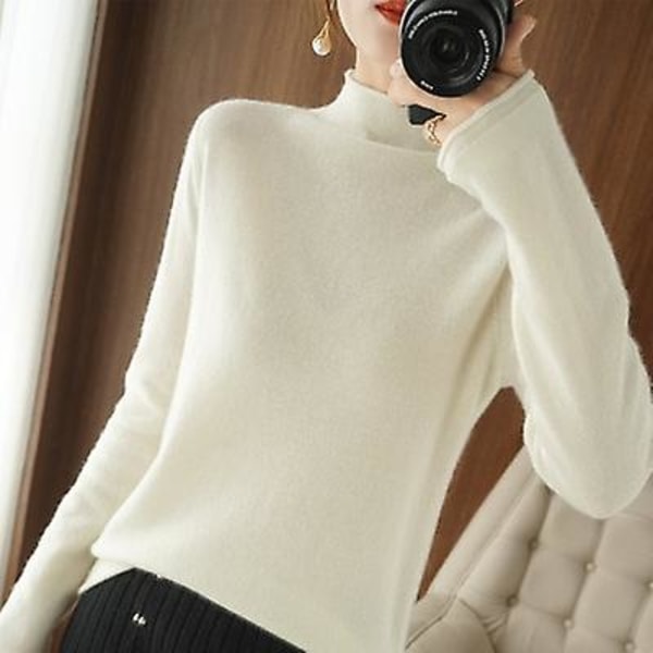 Poolokaulus Naisten Neule Lämmin Syksy Talvi Yhtenäinen Korealainen Joustava Slim Lady Neulepuserot Kashmir Neulepusero Femme Basic Neuleet White L
