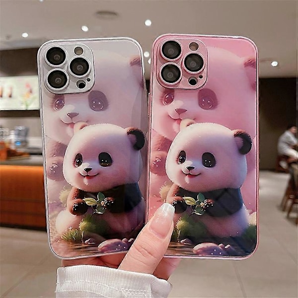 Yhteensopiva iPhone 13 Pro:lle Söpö Panda-kuvioinen karkaistu lasi + TPU-puhelinkotelo linssisuojakalvolla White