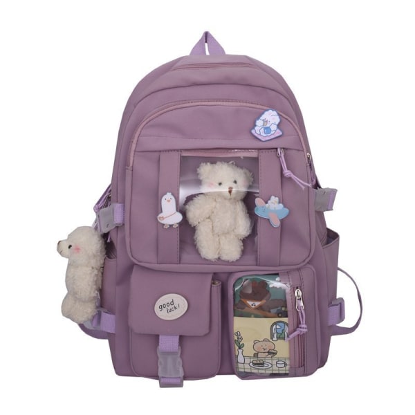 Søt Jente Ryggsekk Kawaii Bjørn Dekor Vanntett Multi-Lomme Nylon Skole Ryggsekk 4 Bag with 2 bear