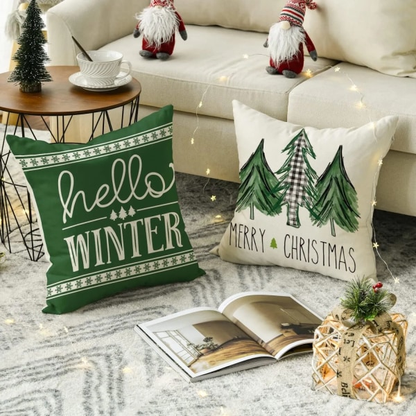 Merry Christmas Tree Motto Grönt Cover Cover Soffa Dekoration örngott 50*50 dekor Style-1 40X40cm