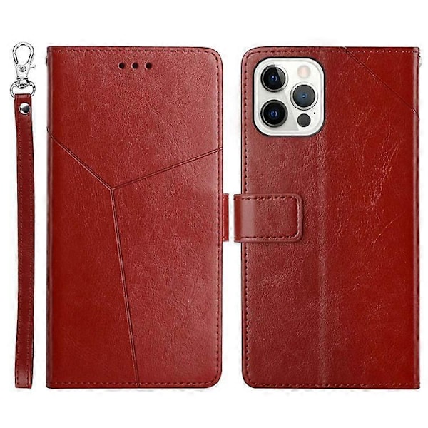 Kompatibel for iPhone 14 Pro Max 6.7 tommer Mobiltelefondeksel Fullstendig Omsluttet PU-Lær Y-Formede Linjer Preging Lommebok Stativ Telefon C Brown