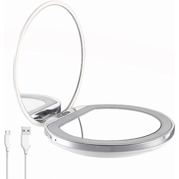 USB Hurtiglading Lomme Speil med Lys, 1x/3x Forstørrelse - Dagslys LED, Håndholdt Sminkespeil, Opplyst Bærbart Speil for Vesker og Reise