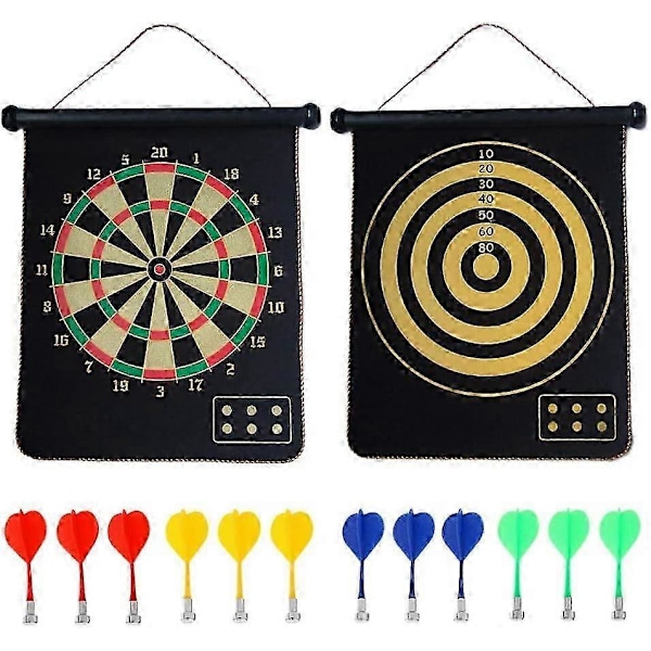 Magnetisk Darttavla, Dartspel för Inomhus och Utomhusbruk för Barn med 12 Magnetiska Pilar, Säkra Leksaksspel, Dubbelsidig Upprullningsbar Brädspelsset för Presenter
