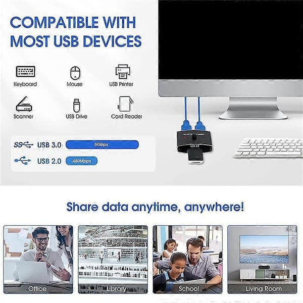 2X USB 3.0 Switch Selector KVM Switch 5Gbps 2 ind 1 ud USB Switch Tovejsdeler til Printer Tastatur
