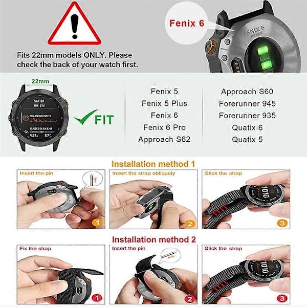 26mm Nylon Klokkereim Kompatibel For Garmin Fenix 6X, Justerbar Erstatningsreim for Smartklokke Black
