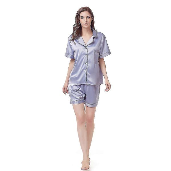 Satin Pyjamas Dam Kortärmad Sovkläder Gray blue XL
