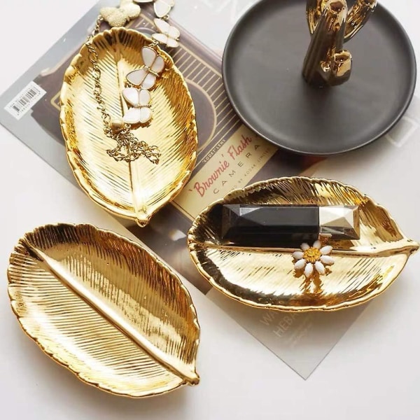 Liten gyllene bladbricka - Keramiskt dekorativt guldprydnadsfat - Ringfat - Smyckesskålfat - Smyckesfack