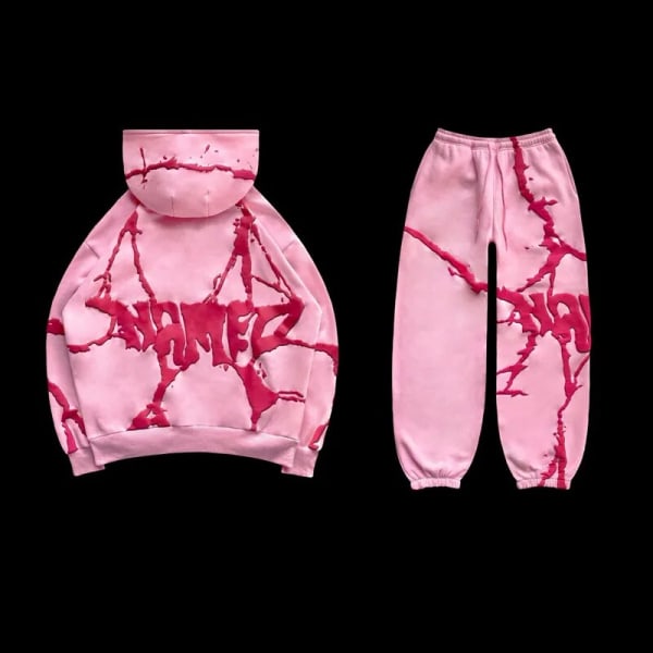 Gotisk Grå Y2k Hættetrøje Pink Hættetrøje Mænd Pige Hip Hop Oversized Sweatshirt Harajuku Punk Streetwear Løs Casual Y2k Sæt Sudadera Dark Grey Set L