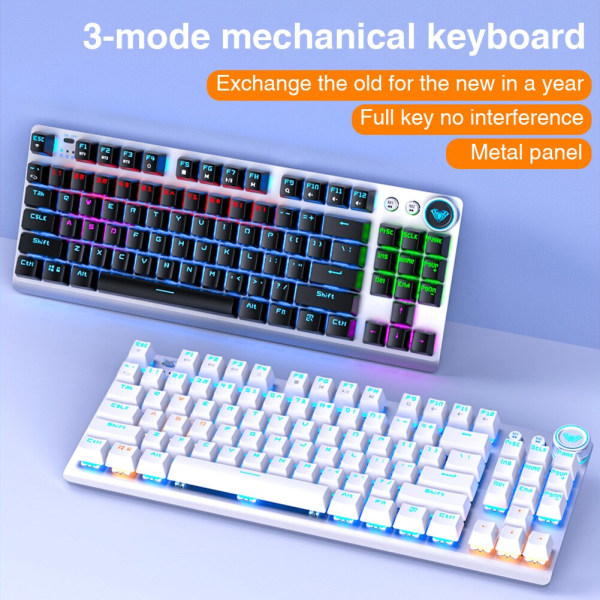 F3001 2.4G trådlöst bluetooth trådbundet tangentbord med tre lägen, mekaniskt spelkontor trådlöst bakgrundsbelyst 87-tangenters tangentbord White Y Brown switch
