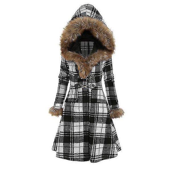 Talvinen naisten takki, lämmin pitkä takki turkiskauluksella ja hupulla Black 2XL