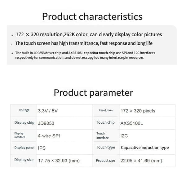 1.47 Tommer LCD Display Modul 172x320 IPS Skærm JD9835 Driver SPI Interface til RPi ESP32 262K