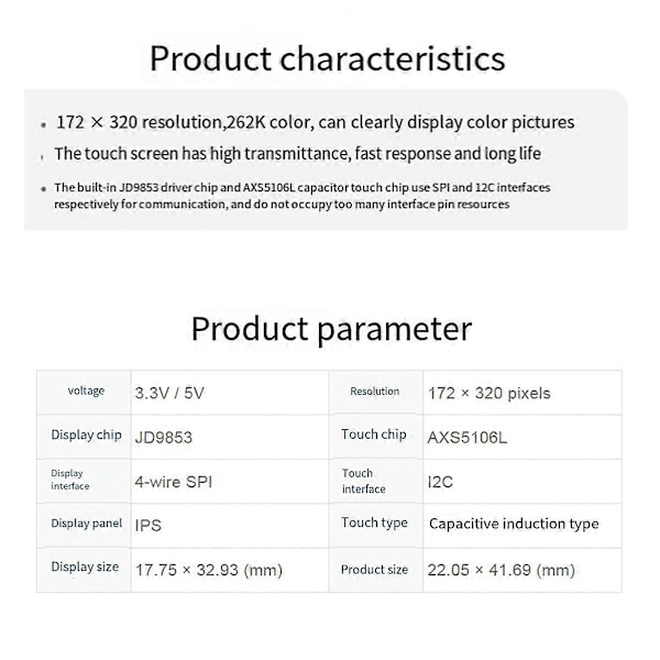 1.47 tums LCD-skärmmodul 172x320 IPS-skärm JD9835 Drivrutin SPI-gränssnitt för RPi ESP32 262K