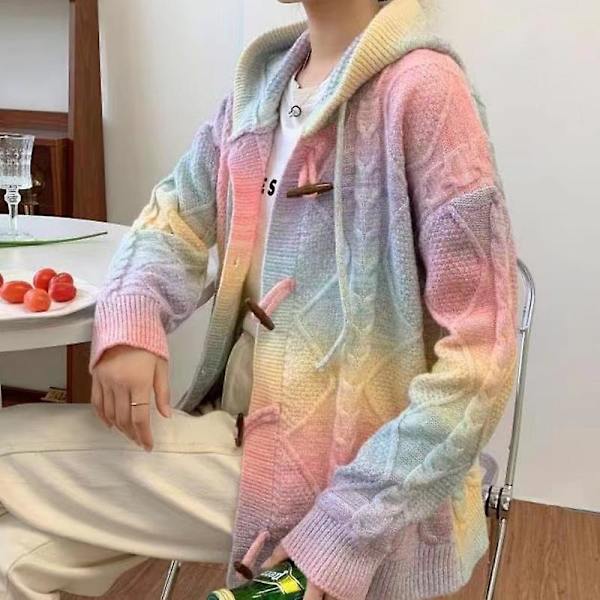 Höst Damtröja 2022 Ny Färg Tie-dye Regnbåge Kofta Tröja Kappa Kvinnor Vinter Lös Långärmad Stickad Hooded Kofta