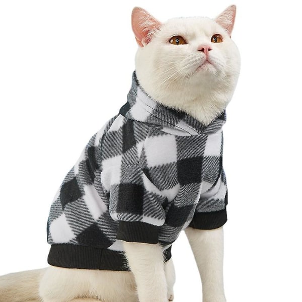 Plaid Hunde-hættetrøje Pet Fleece-trøje Hættejakke Varm Blød Black-White XS